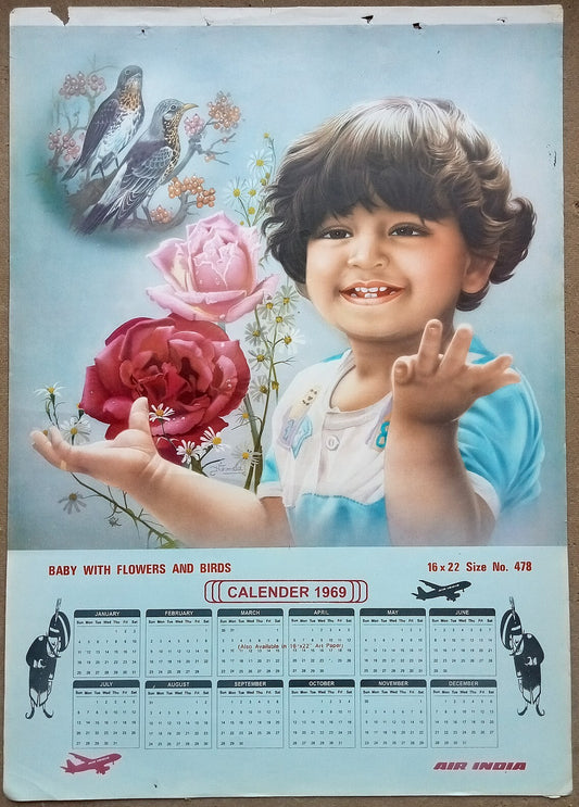 AIR INDIA 1969 poster calender 478 - BABY WITH FLOWER & BIRDS by NIRMALA - R