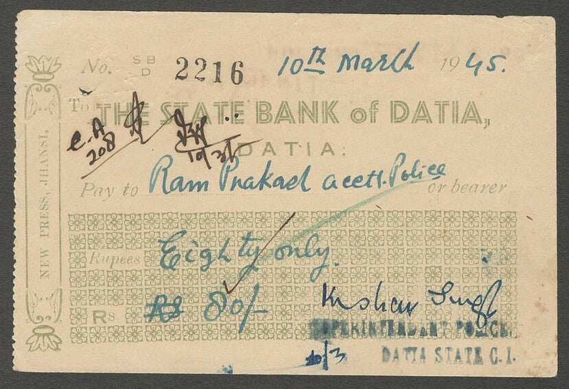 AOP India STATE BANK OF DATIA 1945 check cheque