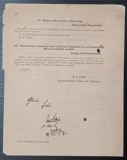 India POSTAL NOTICE 17 -7-1930 Money Order Service to Roumania + CIRCULAR NO. 17