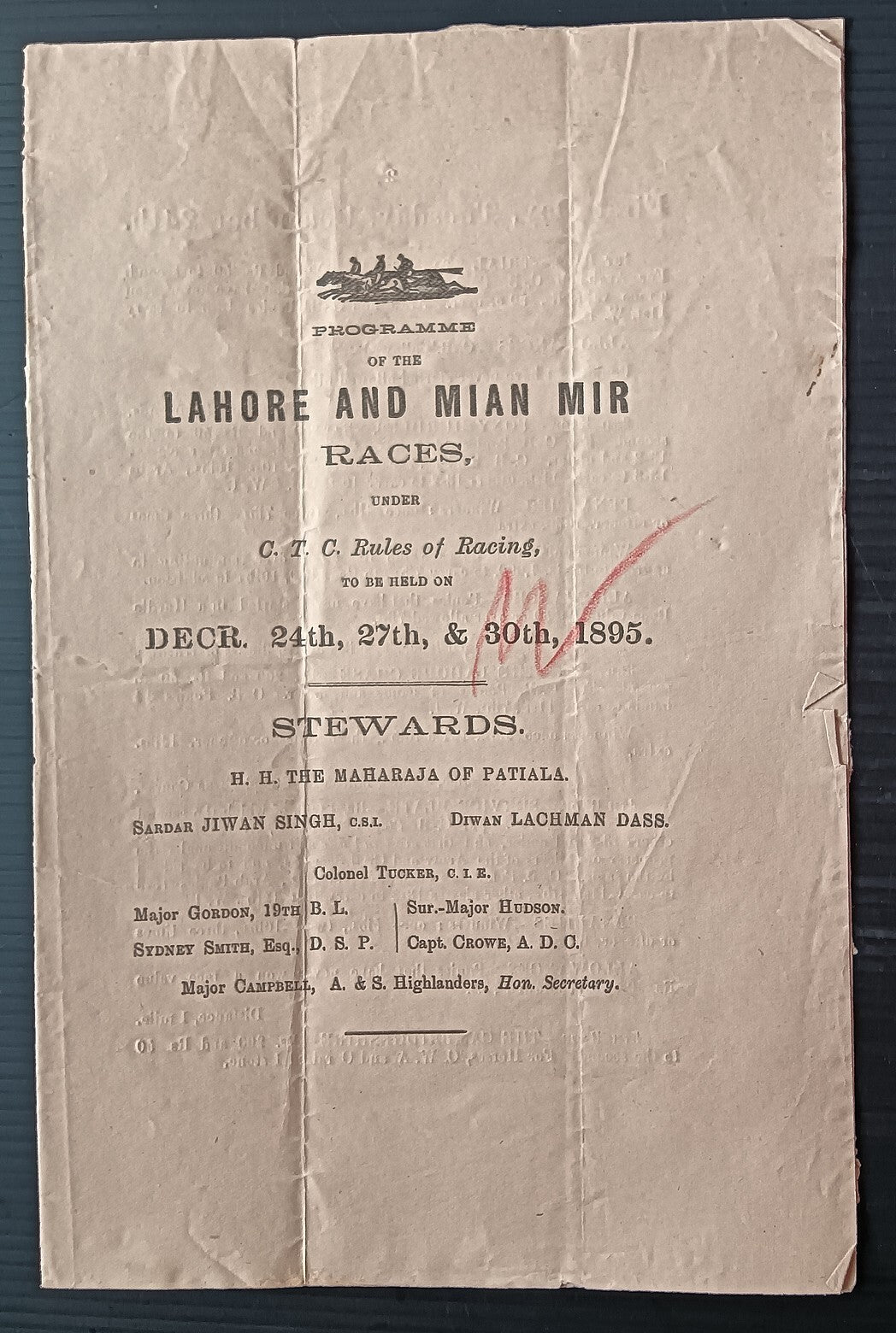 India 1895 LAHORE AND MIAN MIR RACES programme