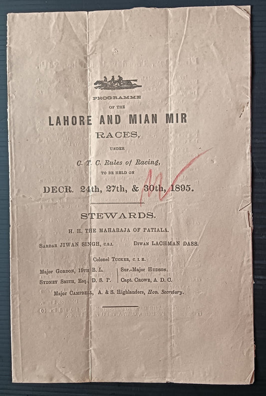 India 1895 LAHORE AND MIAN MIR RACES programme