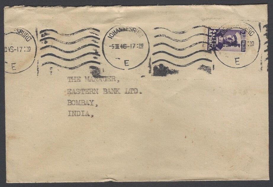 AOP South Africa 1943 bantam 2d single franking cover Johannesburg to India