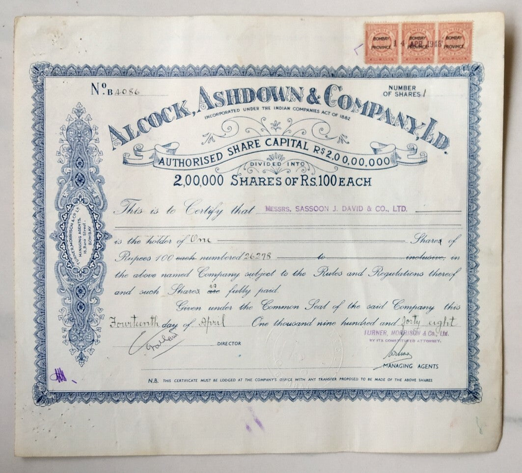  India 1948 Alcock Ashdown & Company Ltd share certificate