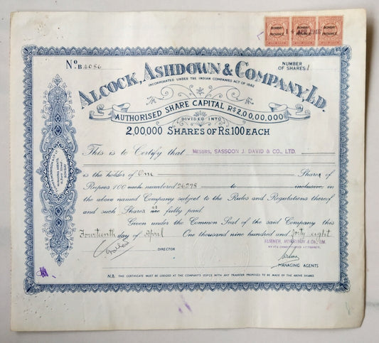  India 1948 Alcock Ashdown & Company Ltd share certificate
