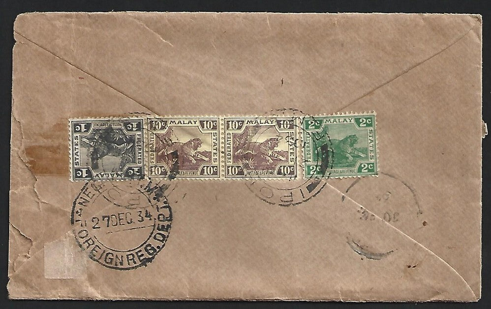 FMS 1934 registered cover IPOH to India