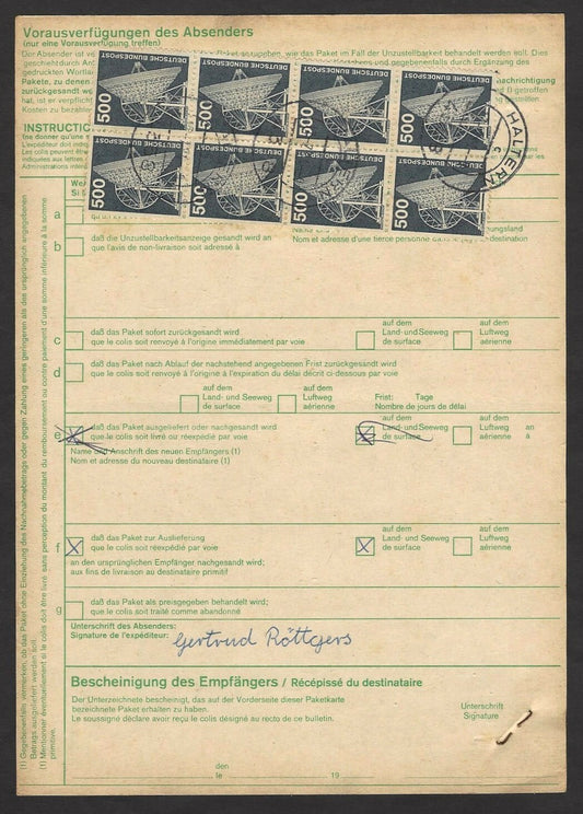 Germany 1975 500pf x 8 on MiF parcel card to India