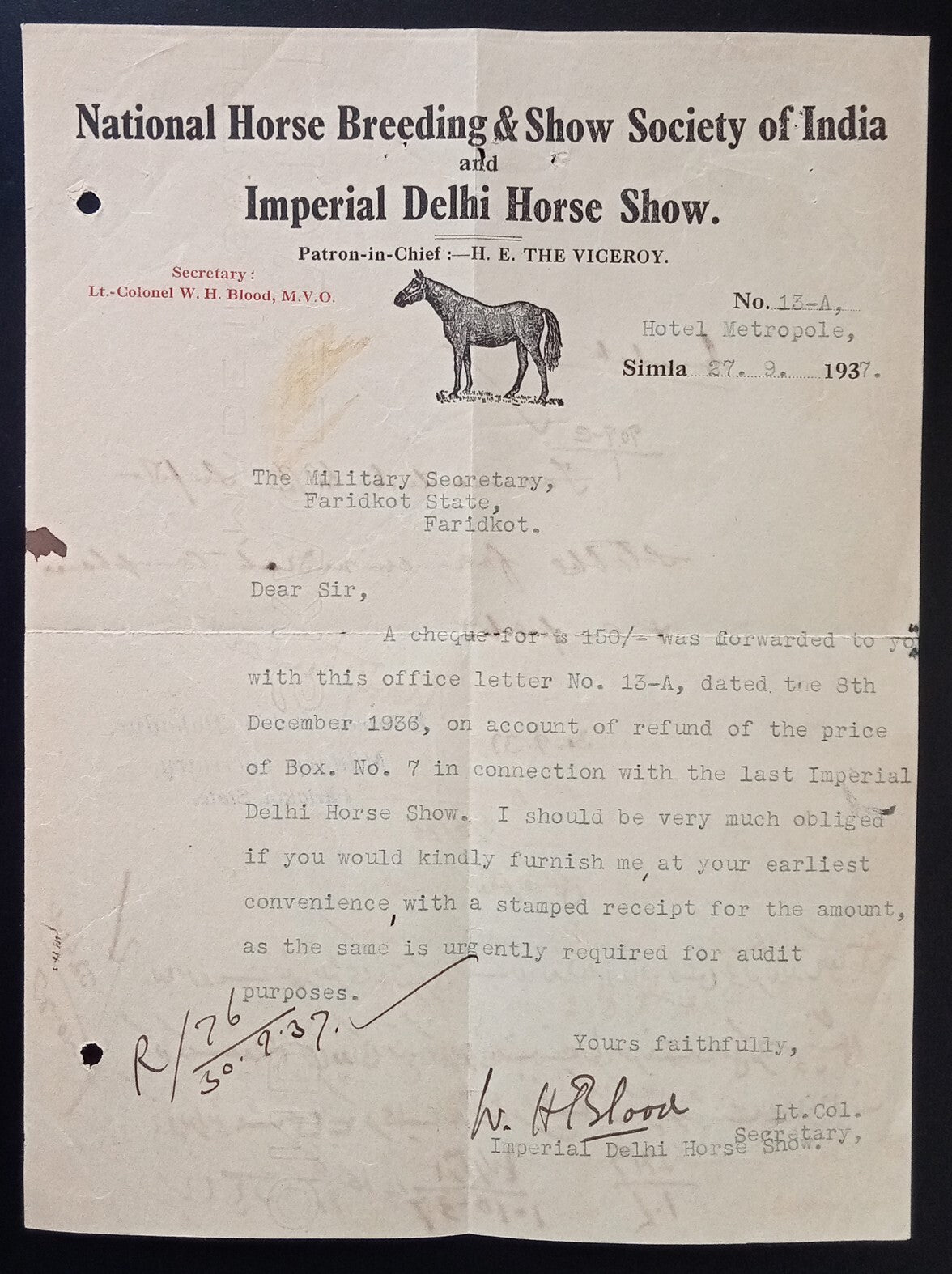 Imperial Delhi Horse Show 1937 pictorial advertisement letterhead Simla, India