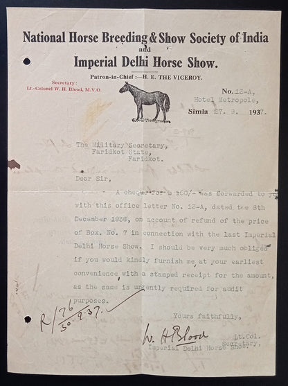 Imperial Delhi Horse Show 1937 pictorial advertisement letterhead Simla, India