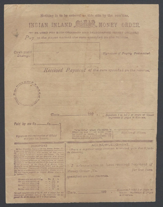 AOPIMT India 1900s INDIAN INLAND MONEY ORDER FORM with ENGLISH text