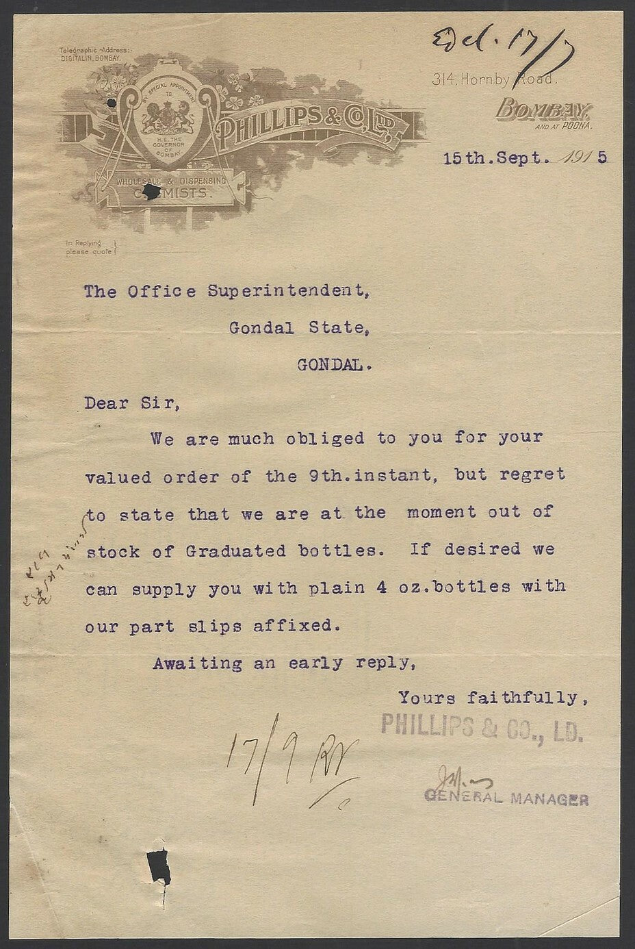 India 1915 Phillips & Co Bombay Dispensing Chemists illustrated letterhead