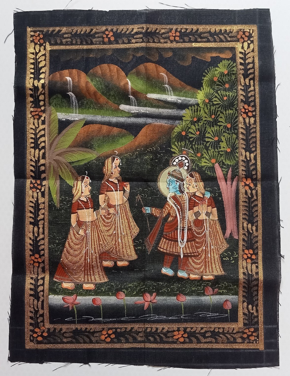 India vintage hand painting on cloth RADHA, KRISHNA & 2 GOPIS 9 x 12 inches