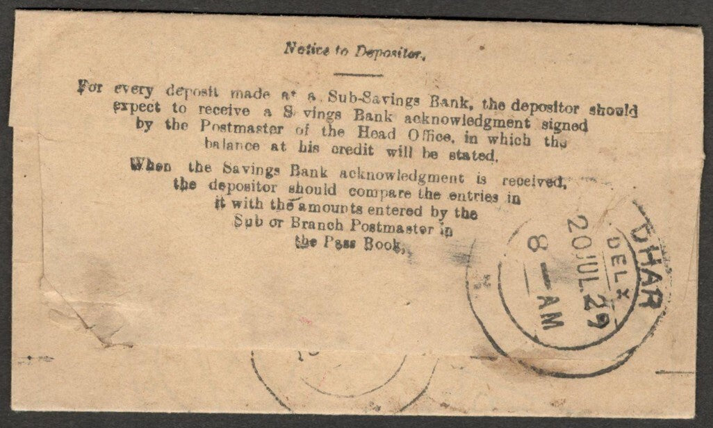 AOP India On Postal Service AR flimsy used 1929 DHAR BAZAR