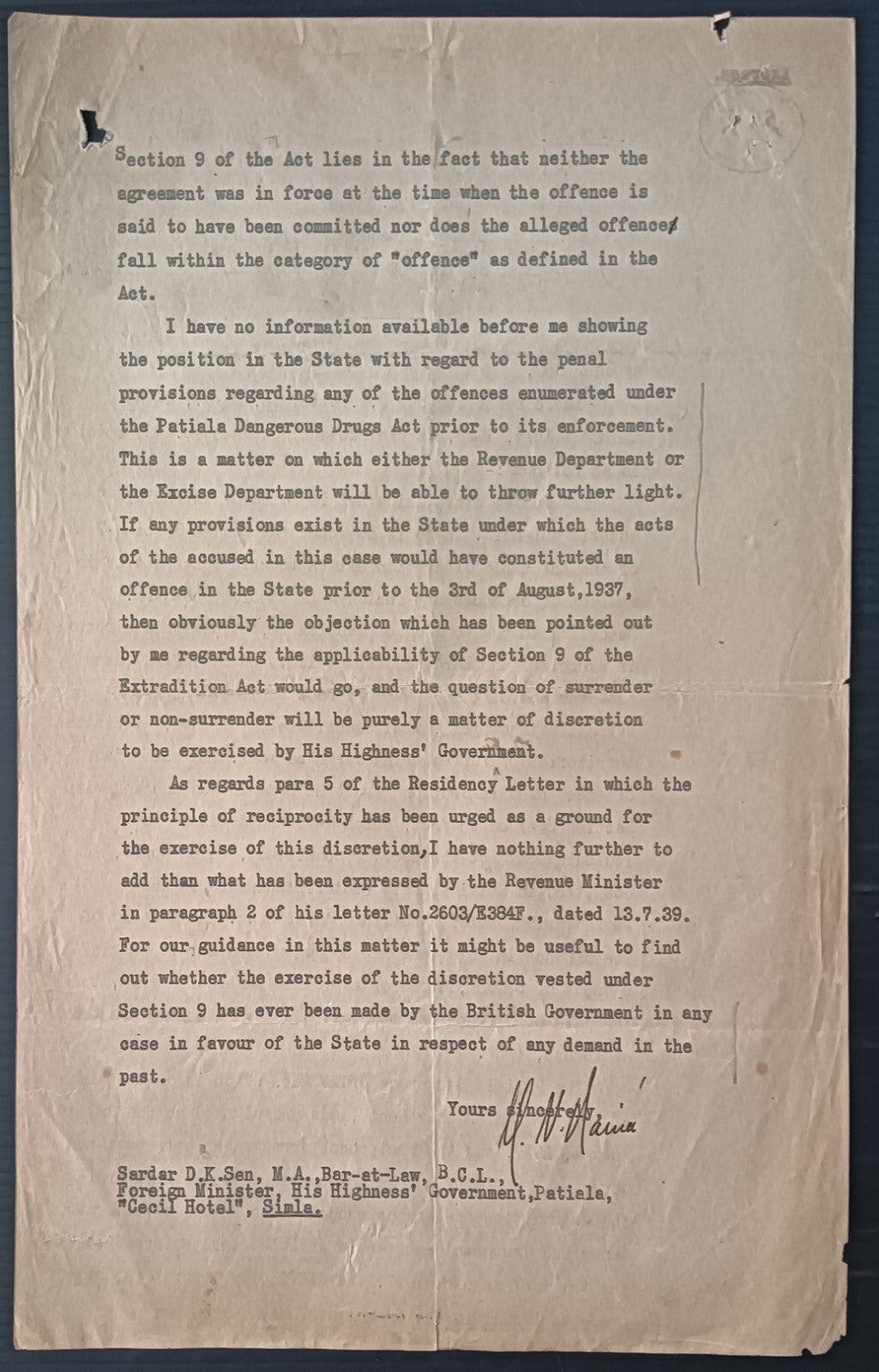 India PATIALA STATE MINISTRY OF LAW 1938 crested letter re: Smuggling Opium