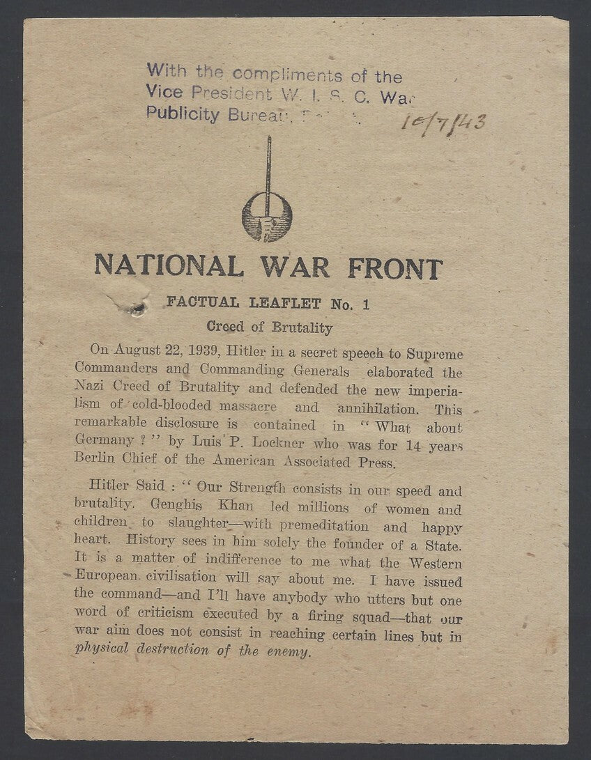AOP India WW2 propaganda Factual leaflet # 1 creed of Brutality	