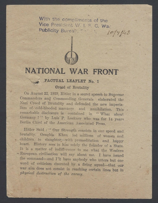 AOP India WW2 propaganda Factual leaflet # 1 creed of Brutality	