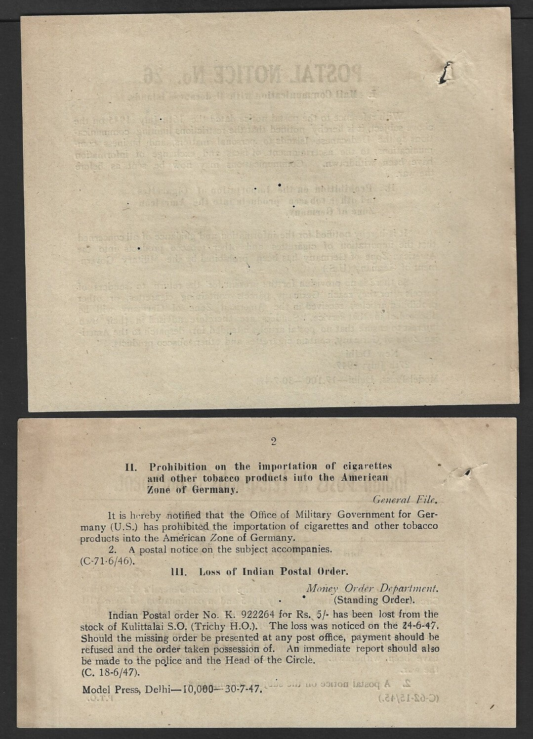 India POSTAL NOTICE #26 27 July 1947 Mail to Dedecanese Islands + CIRCULAR #24