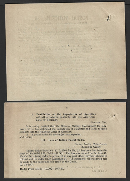 India POSTAL NOTICE #26 27 July 1947 Mail to Dedecanese Islands + CIRCULAR #24