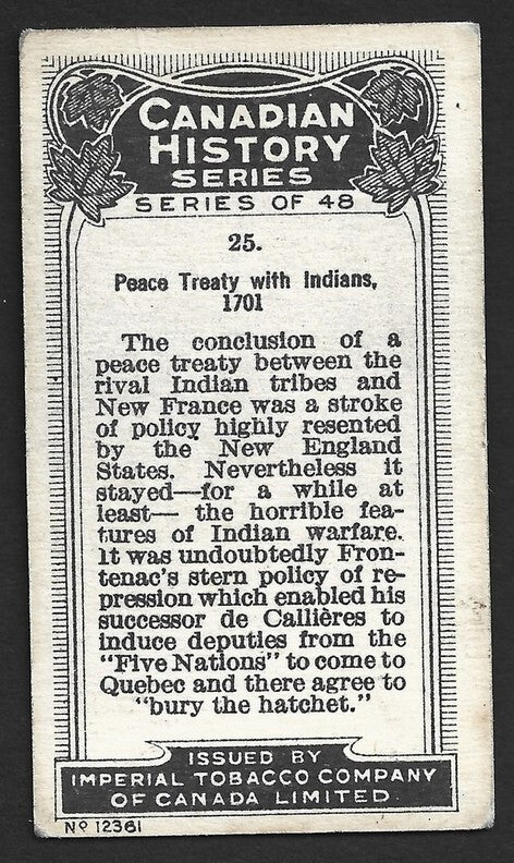 CANADIAN HISTORY 1926 cigarette card Imperial Tobacco PEACE TREATY WITH INDIANS