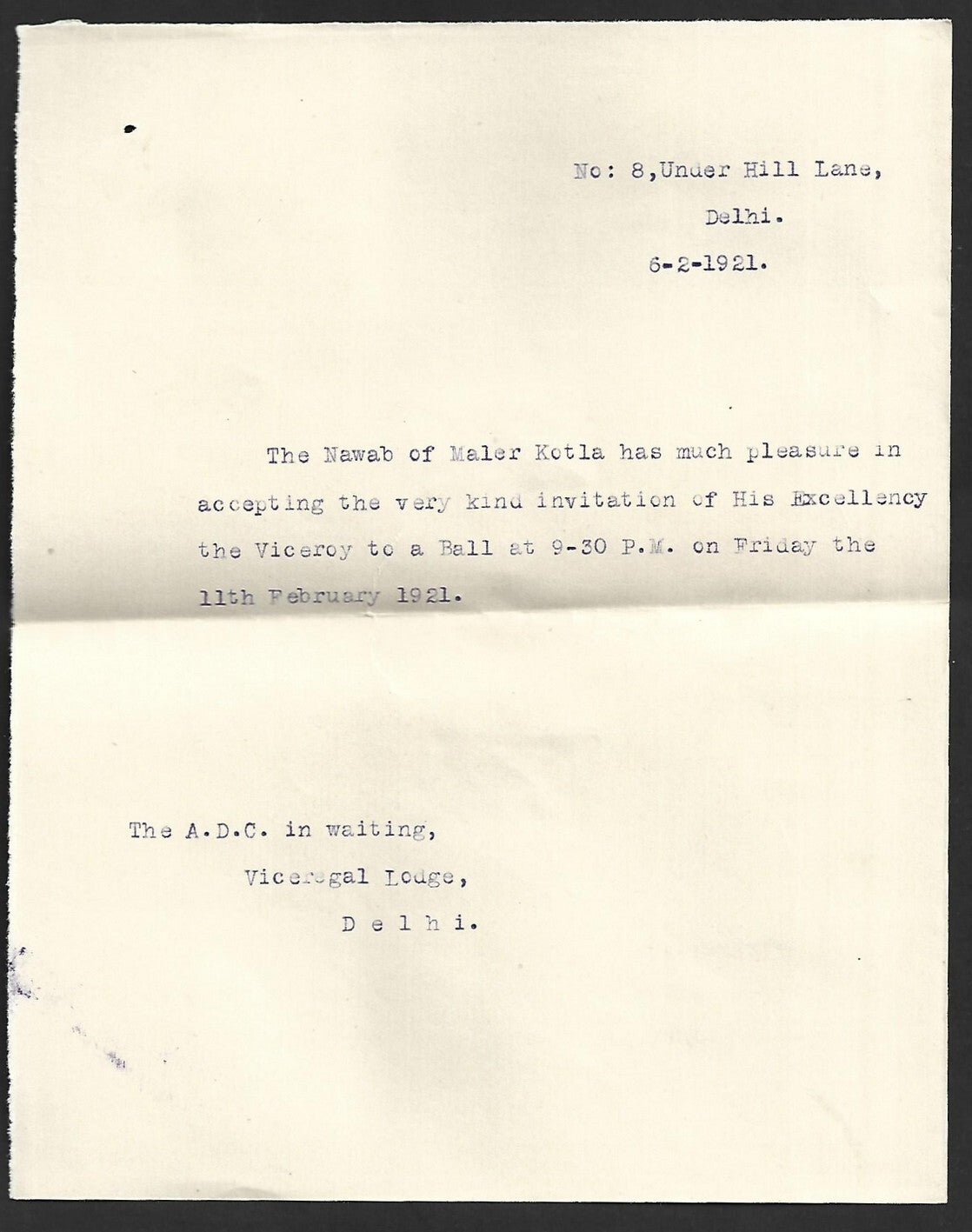 1921 Duke of Connaught INDIA VISIT Ball invitation for Nawab
