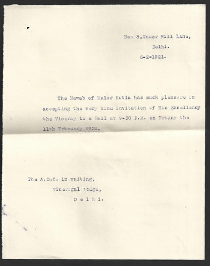 1921 Duke of Connaught INDIA VISIT Ball invitation for Nawab