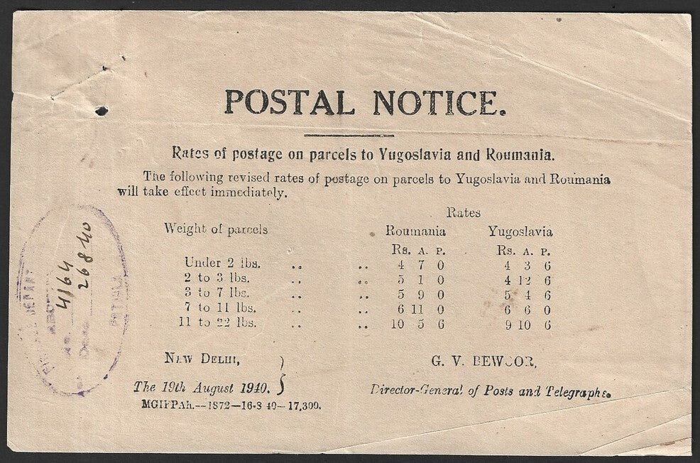 India 1940 POSTAL NOTICE Postage Rates for parcels to Yugoslavia & Roumania