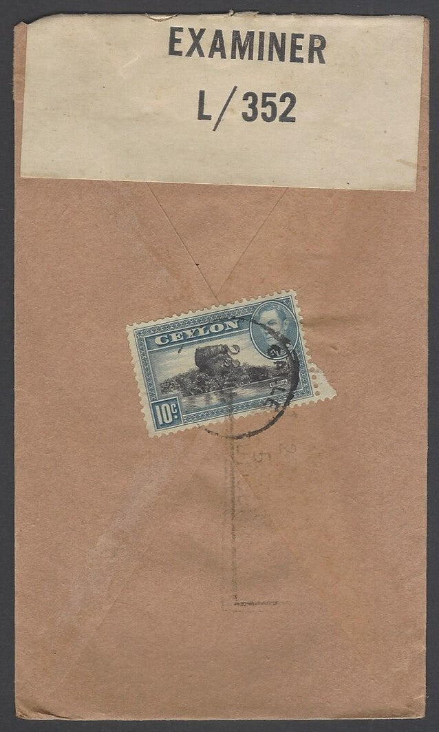 AOP Ceylon WW2 World War 2 censor tape on cover to India