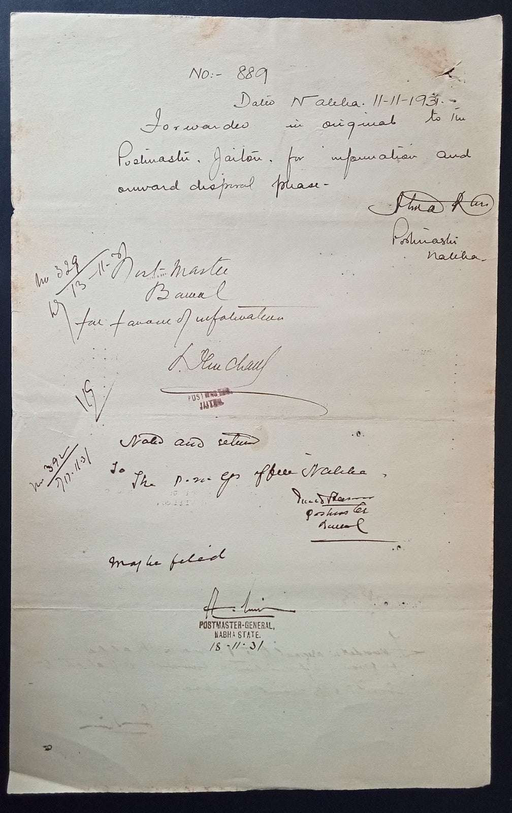 India 1931 POSTALNOTICE Opening & Closure of Post Offices in Punjab