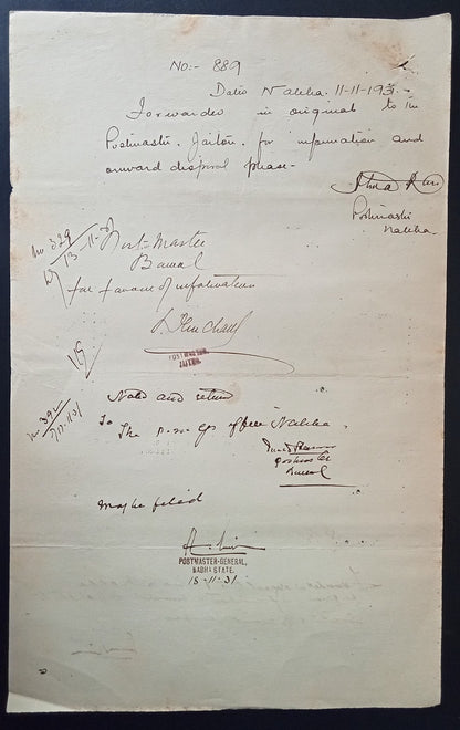 India 1931 POSTALNOTICE Opening & Closure of Post Offices in Punjab