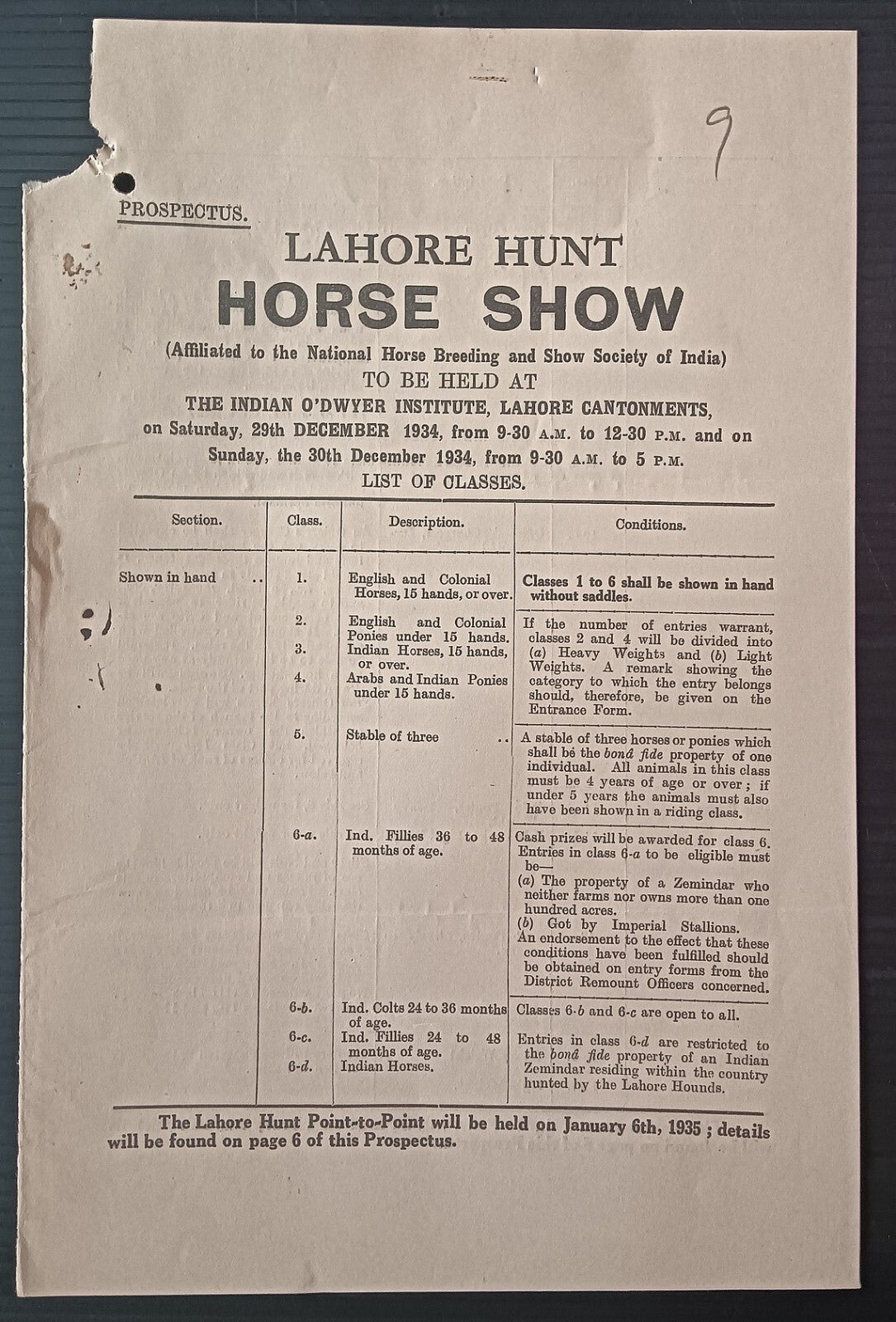 India 1934 LAHORE HUNT / HORSE SHOW programme
