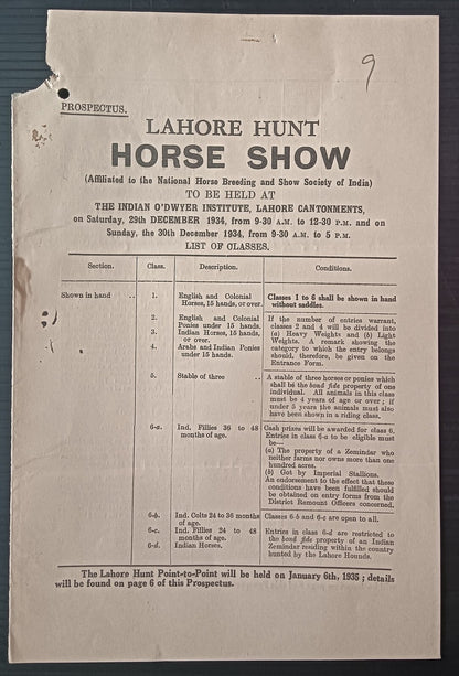 India 1934 LAHORE HUNT / HORSE SHOW programme