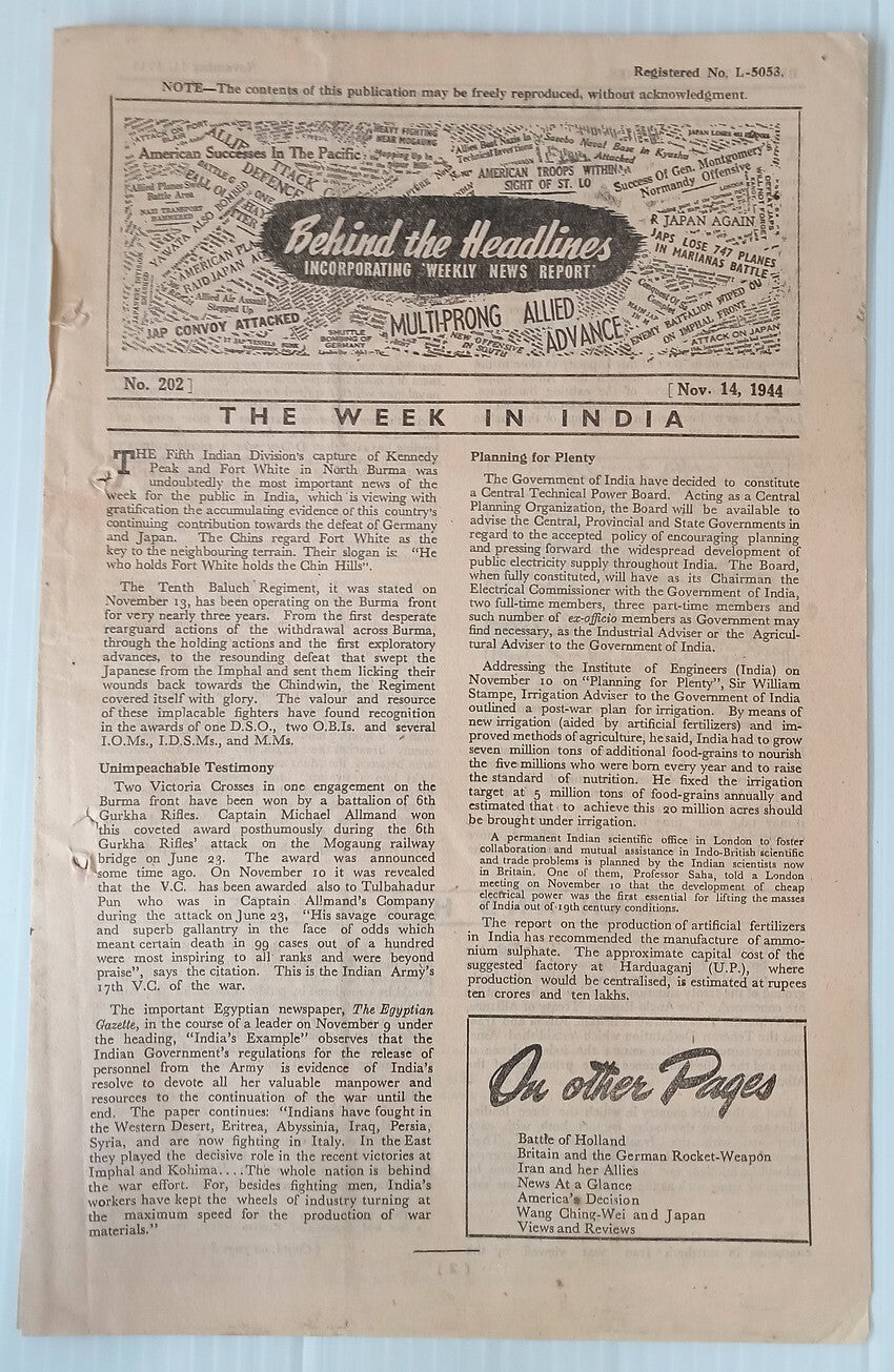 AOP India 1944 WW2 Propaganda rag BEHIND THE HEADLINES LABOUR DRIVE IN JAVA 8pgs