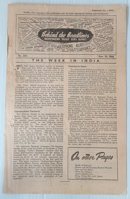 AOP India 1944 WW2 Propaganda rag BEHIND THE HEADLINES LABOUR DRIVE IN JAVA 8pgs