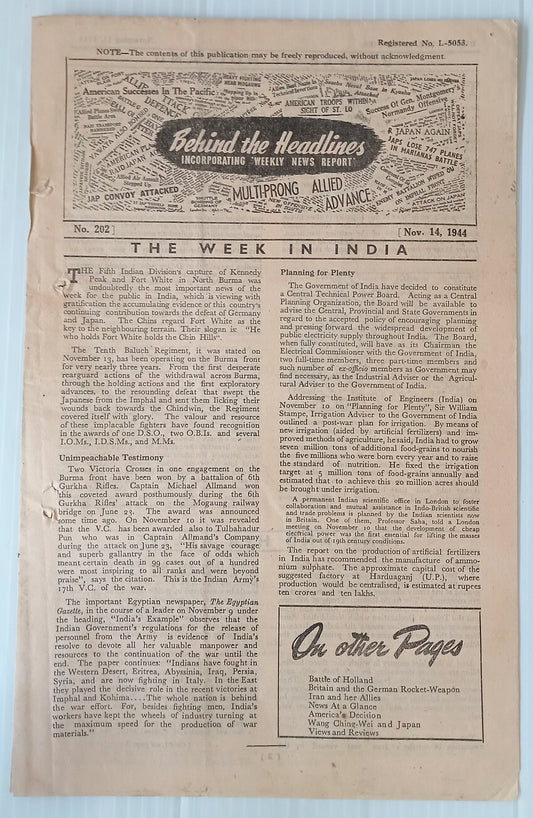 AOP India 1944 WW2 Propaganda rag BEHIND THE HEADLINES LABOUR DRIVE IN JAVA 8pgs