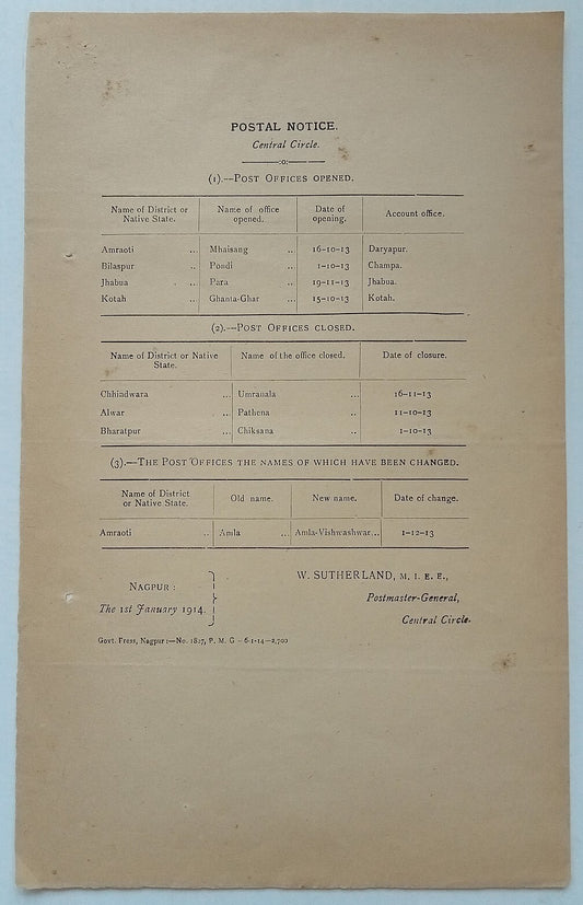 (AOP) India POSTAL NOTICE 1914