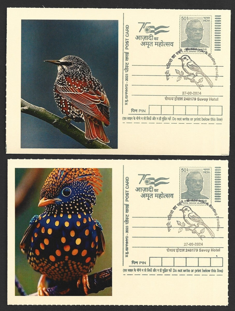 India 2024 Birding Paradise Savoy Hotel postmarks on cards PEACOCKS (15)