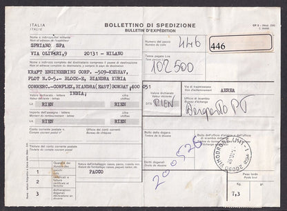 Italy red Citis/TAE/EMS “PT3” meter 99000 Lire on 1992 parcel card to India