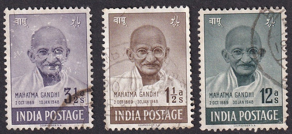 India 1948 Gandhi set of 3 used 1 1/2a, 3 1/2a & 12a