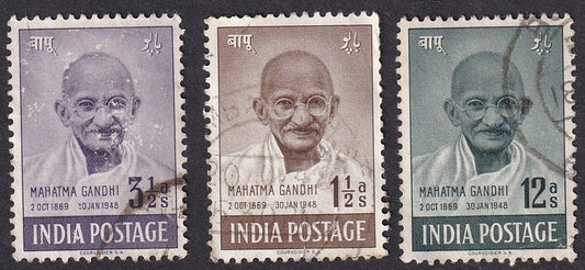 India 1948 Gandhi set of 3 used 1 1/2a, 3 1/2a & 12a