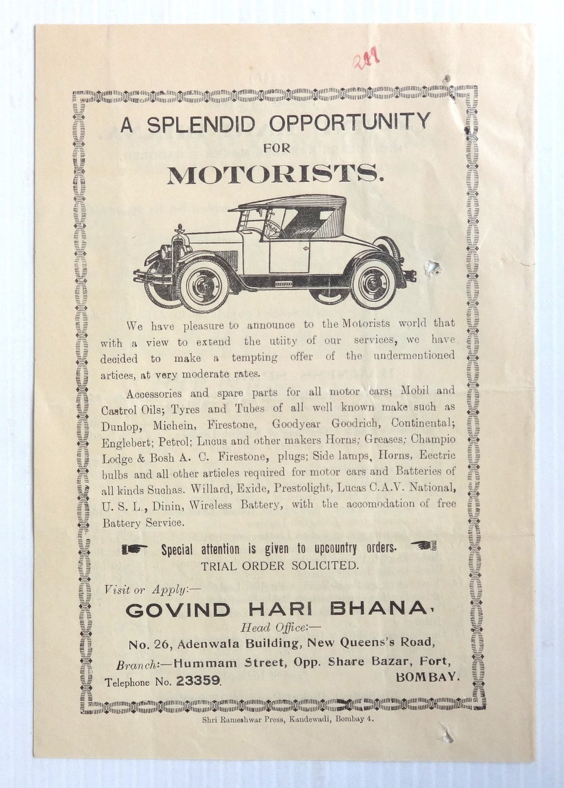 India 1930s advertiement brochure HORSE HARNESS SADDLES MOTOR PARTS