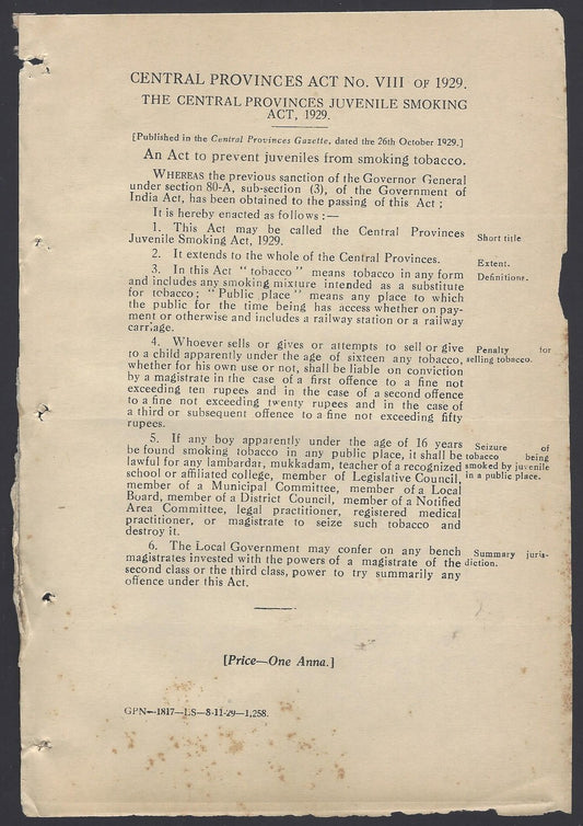 India 1929 Central Provinces Juvenile Smoking Act + 3 others