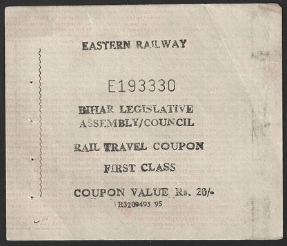 RAILWAY PASS India 1st Class Rail Travel Coupon for Members of Bihar Assembly