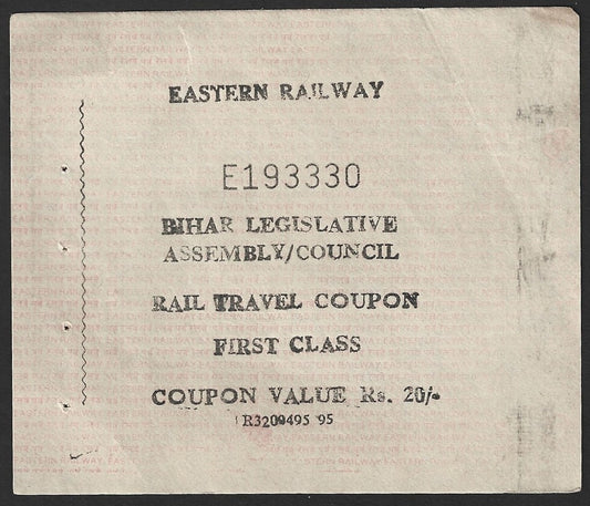 RAILWAY PASS India 1st Class Rail Travel Coupon for Members of Bihar Assembly