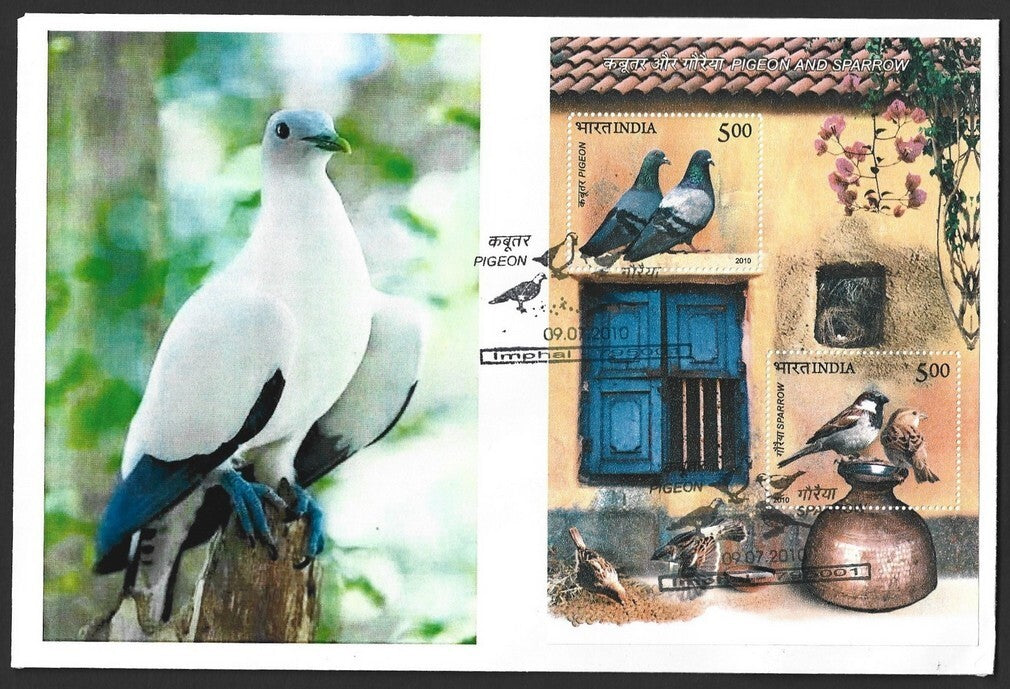 India 2010 Birds Pigeon & Sparrow MS on FDC First Day cover