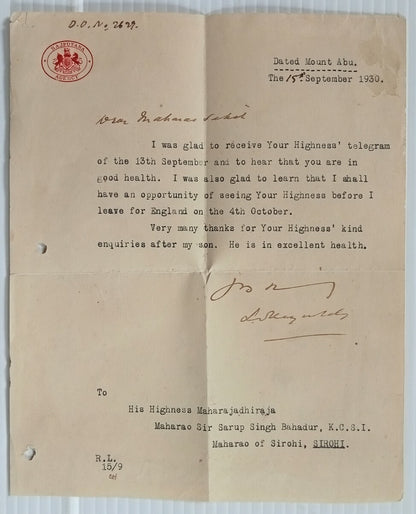 AOP India 1930 crested Coat of Arms letter RAJPUTANA AGENCY