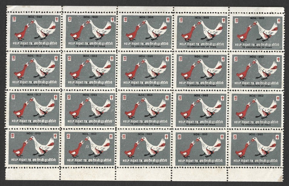 India 1960 Anti TB Tuberculosis Seals sheet of 20 MNH