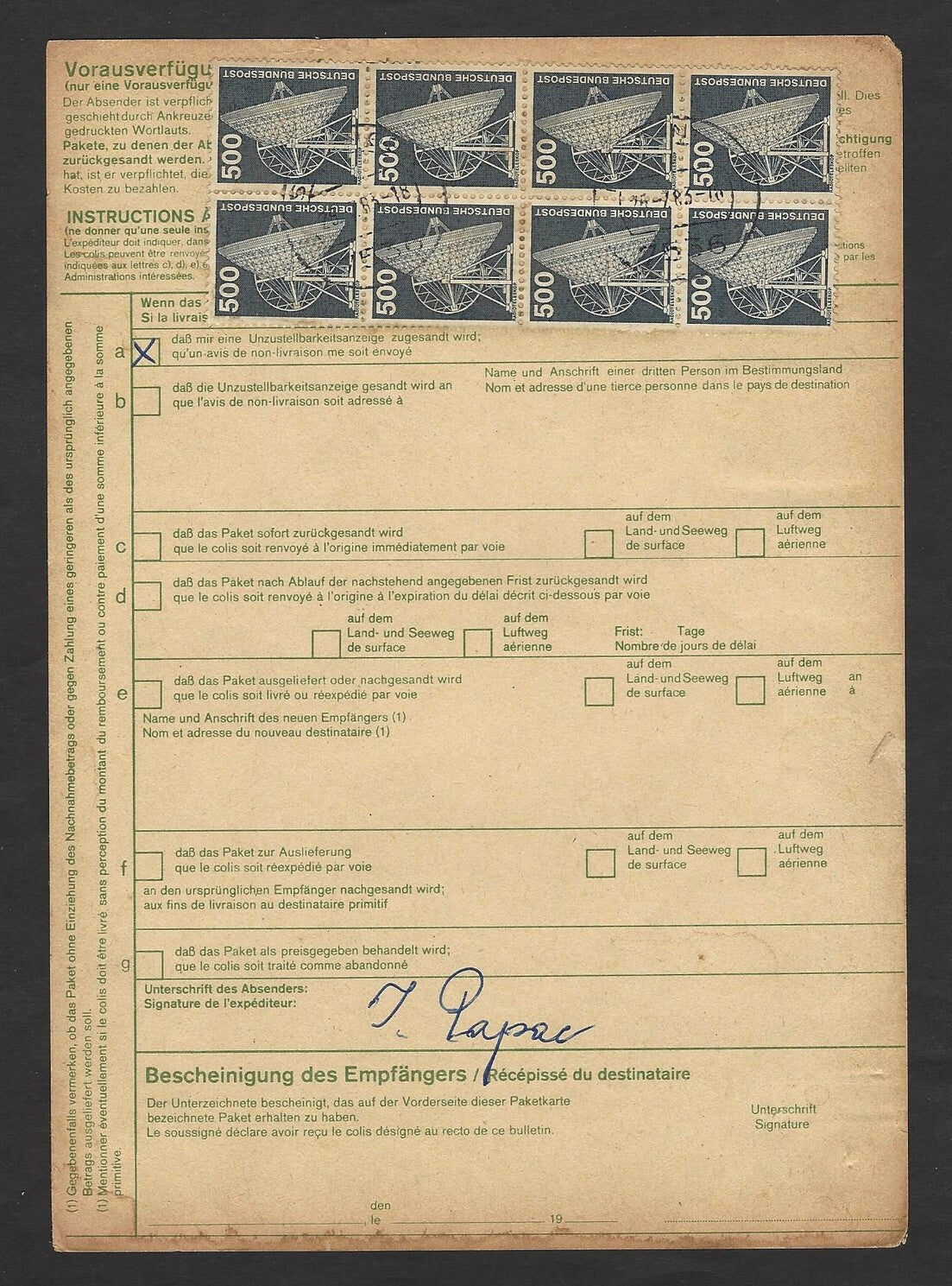 Germany 1975 500pf x 8 on MiF parcel card to India