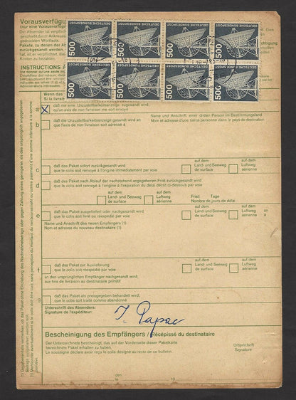 Germany 1975 500pf x 8 on MiF parcel card to India