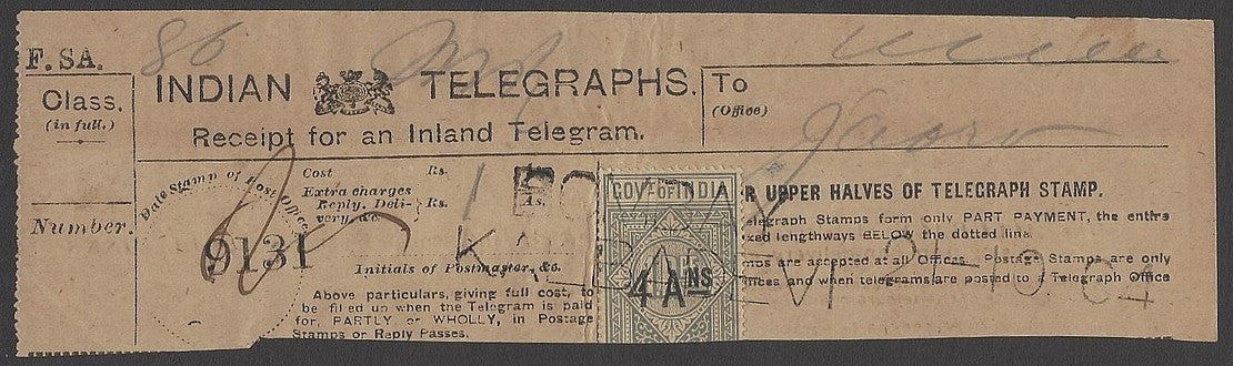 India 4as on 1R provisional telegraph stamp on receipt