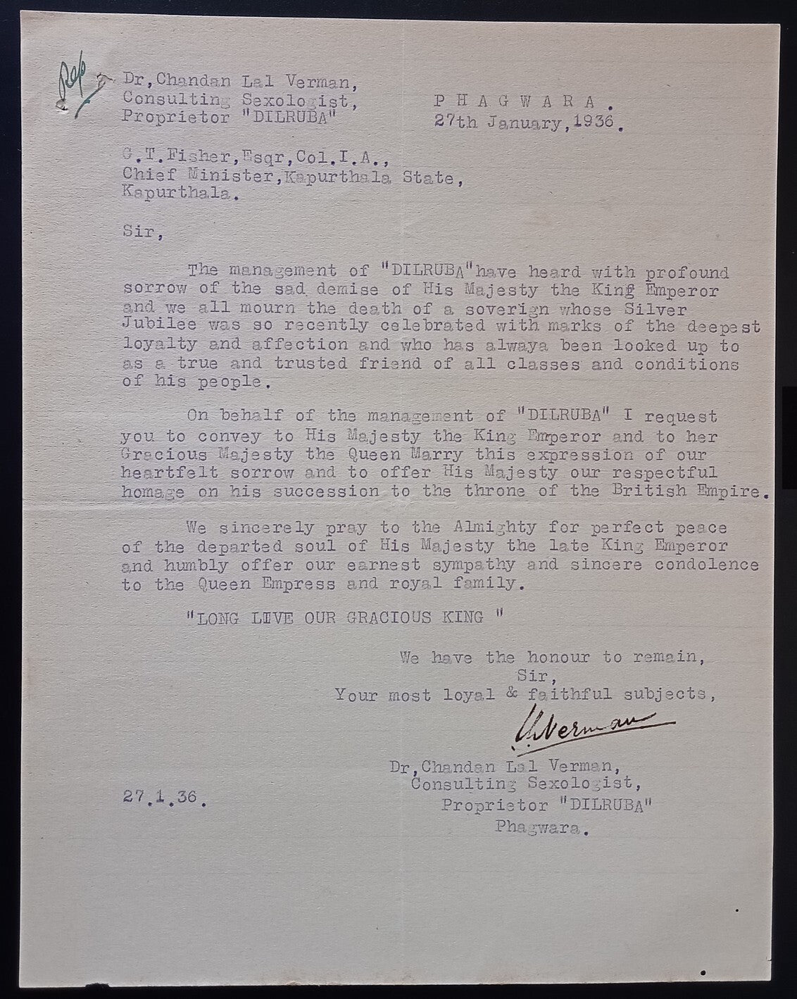 India 1936 letter condoling the death of King George V