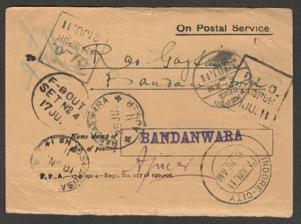 AOP India On Postal Service AR card used 1911 boxed D.L.O./NAGPUR, etc.